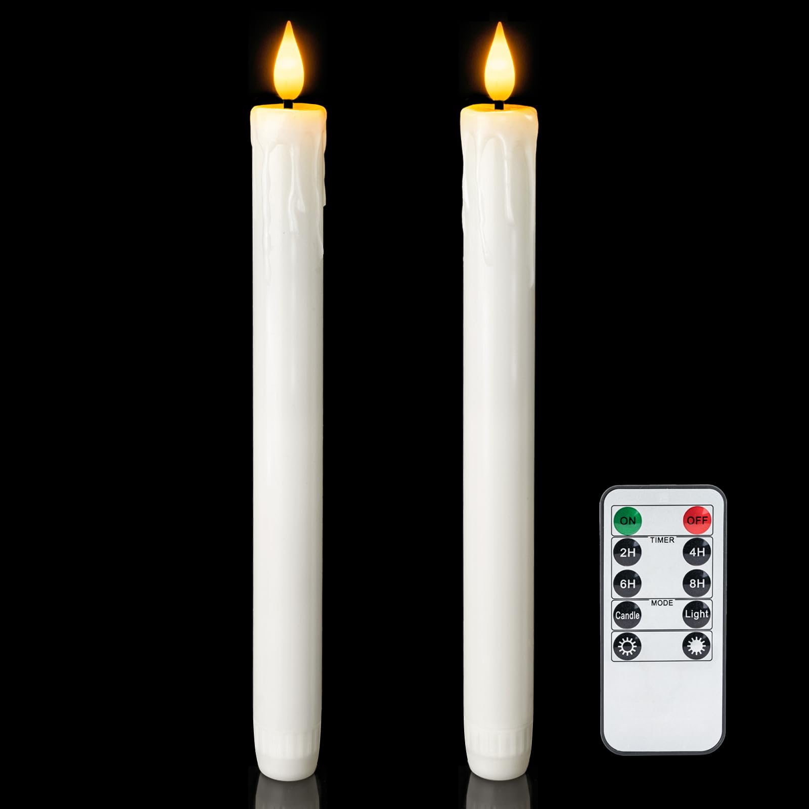 Photo 1 of Homemory Real Wax Flameless Taper Candles with Remote Timer, 9.6 Inches White LED Flameless Candlesticks, Dripless Battery Operated Window Candles Flickering Pack of 2 for Fireplace Xmas Halloween