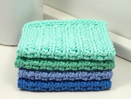 Ocean 4 inch x 7 inch Rectangular Crochet Cotton Dishcloths, Set of 4 Blue, Periwinkle, Mint, Aqua