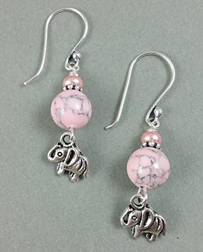 Pink Grey Howlite Gemstones Sterling Silver Earrings with Elephant Charms