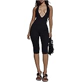 Milumia Women's Sexy Deep V Neck Halter Jumpsuit Sleeveless Racerback Bodycon Rompers