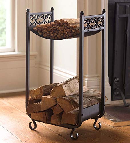 Plow & Hearth Compact Log Rack, Cast Iron with Scrollwork Design, in Black
