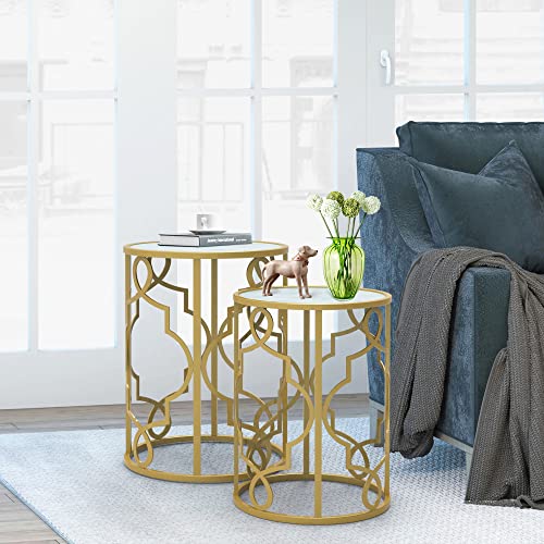 RiteSune Gold Round Nesting End Side Tables Glass Top Set of 2