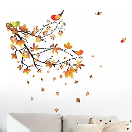 Decals Design Autumn Leaves and Birds Wall Sticker (PVC Vinyl, 50 cm x 70 cm, Multicolour)