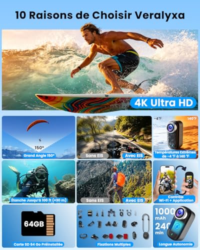 Veralyxa Sports Camera, Mini Sports Camera 4K UHD WiFi with 64GB Card, IP65 Waterproof Portable POV Camera, Action Cam - Up to 240 Minutes Battery Life (1200mAh)