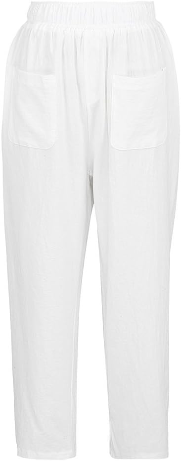 Romacci New Woman Loose Cotton Linen Trousers Elastic Waist Pockets Solid Color Casual Pants