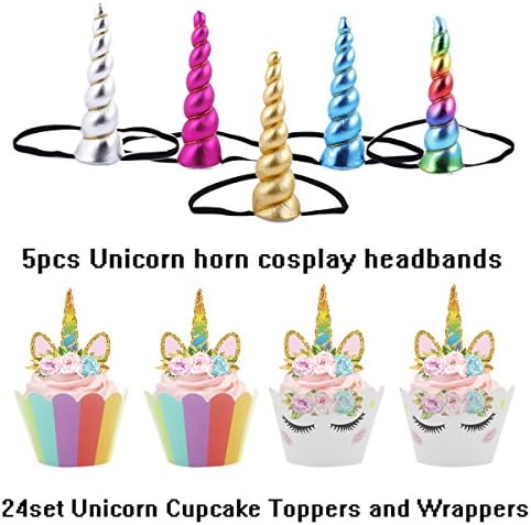 Unicorn Horn Glitter Elastic Headband Spiral Unicorn Horn cosplay Magical Unicorn Horn,Children's Party Supplies (5pcs headbans + 24set cupcake toppers)