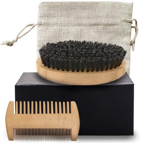 VilaBeard Brush and Comb Set, Bamboo Brush with Boar Bristles and Pear Wood Comb Combo, Beard Shaping and Styling Tools for Both Wet and Dry Hair, Includes Sturdy Burlap Sack, Travel Grooming Kit