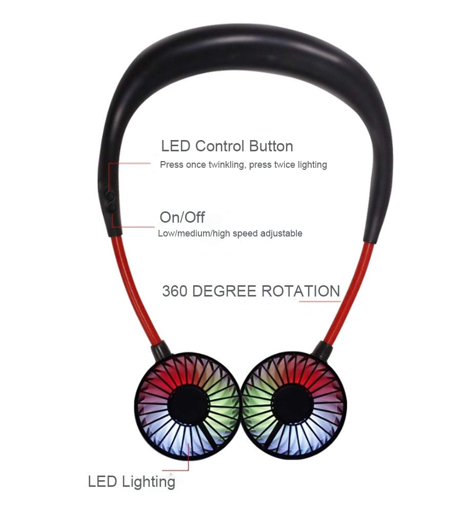 Sports Fan, Wisfun USB Portable Neck Hanging Fan, 7 Color LED Hand-Free USB Personal Fan, Portable Headband Fans with Dual 360 Degree Rotation Head for Outdoor Sport Camping Traveling Office (Black)