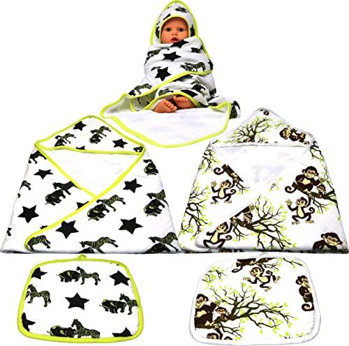 ChaBabee Large 4-Piece Set Baby Infants to Toddlers and Beyond Muslin 100% Cotton Hooded Bath Towels + Washcloths Set Unisex for Boys or Girls โ Monkeys Green Brown | Zebra Elephant Black