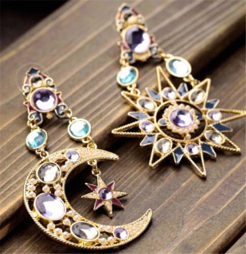 Jaywine2 1 Pair Asymmetric Antiallergic Cat's Eye Opal Stone Star Moon Drop Woman Earring