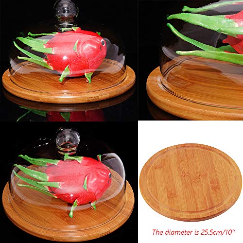 Round bamboo base serving tray with dome glass lid for Salad cheese bread cake snacks storage platter