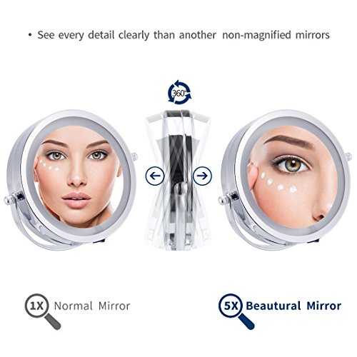 Led Vanity Mirror Lighted 1X/5X Magnification Wall Mounted, Double Side, Adjustable, Rotating Function, Makeup Mirror, Powered by 4 x AAA batteries (not included)