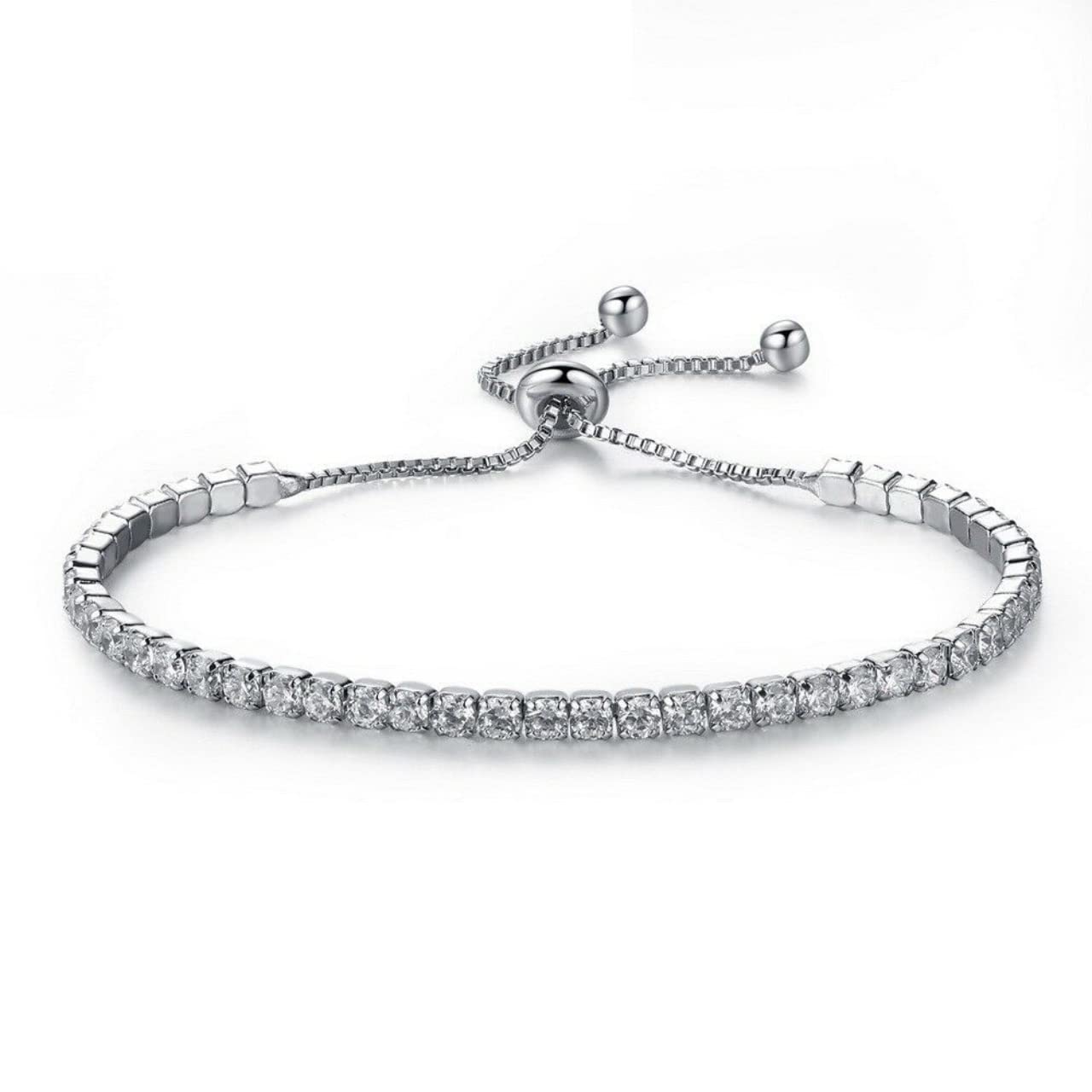 Kizrr - Adjustable Silver Cube Rhinestone Crystal Tennis Distance Couple Friendship Bracelet