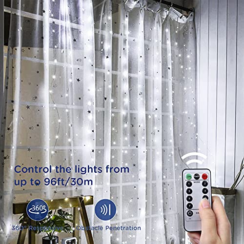 300 LED Window Curtain String Light, 8 Lighting Modes Fairy Twinkle String Lights with Remote, USB Powered Waterproof for Christmas Bedroom Party Wedding Home Garden Wall Decorations, White