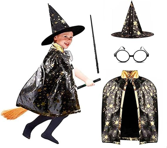 Anzmtosn Unisex Kids Party Fancy Dress Wizard Costumes Witch Cloak with Hat Wand Cape Hat Glasses Set Child's Costume for Carnival Halloween Brithday Cosplay Teenagers Children Boys Girls