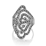 Dnswez Vintage Black Marcasite Crystal Butterfly Filigree Wide Cocktail Rings for Women Gift