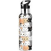 Water Bottle with Straw Cartoon Cat Kitten Lid Kids Insulated Stainless Steel Water Flask Sports, 20 Oz Hot Cold
