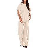 PRETTYGARDEN Spring Lounge Sets for Women 2 Piece Short Sleeve Crewneck Cute Tops and Wide Leg Pants with Pockets Pj Set