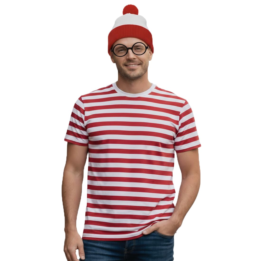 FASHIONISM Mens Womerns Red and White Stripe T Shirt Hat Glasses 3 pcs Set Unisex Fancy Dress Book Week Costume (3Pcs Set Large) — image 1