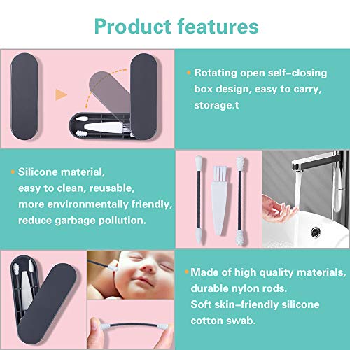 Cotton Swab Portable Silicone Swab Cleanable for Ears Cleaning, Smooth Q-Tip for Cosmetic Makeup and Touch-ups for Women, 2 Pack Reusable Cotton Swabs (gray)