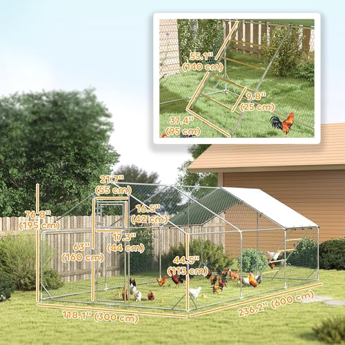 PawHut Chicken Run, Large Metal Chicken Coop with Feeding Door, Waterproof & UV-Resistant Cover, Hanging Feeder, Perch, Poultry Cage for Outdoor, Backyard, Farm, for 18-24 Poultry