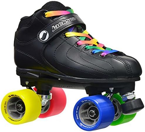 Jackson Vibe-Rant Quad Roller Speed Skates with 2 Pair of Laces, Black and Rainbow, Mens 9