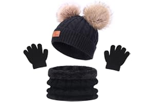 AIYUENCICI Kids Cute Pompom Winter Beanie, 3 In 1 Hat Scarf Gloves Set Knitted Fleece Lined Beanies Cap for Toddler Kids 1-6 Years Old