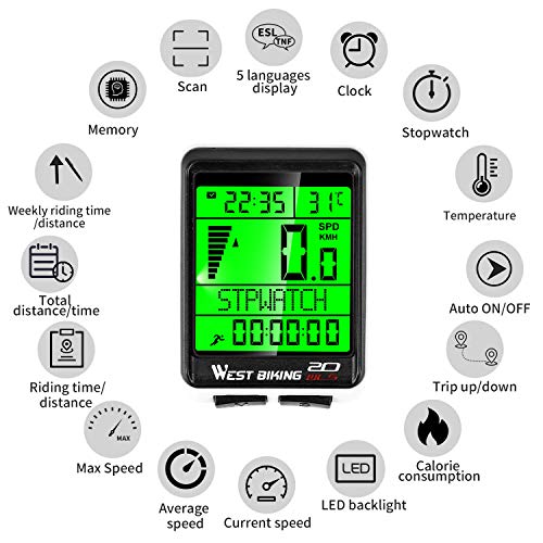 WESTGIRL Bicycle Computer, 5 Languages Bike Speedometer Odometer Wireless Waterproof, Multifunctional Cycle Computer LCD Backlight, Cycling Accessories