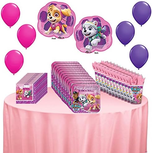 Girls Paw Patrol Party Supplies - Pink and Purple - 45 piece set includes 12 plates, 12 cups, 12 napkins, 1 Mylar Double sided balloon and 6 coordinating latex balloons.