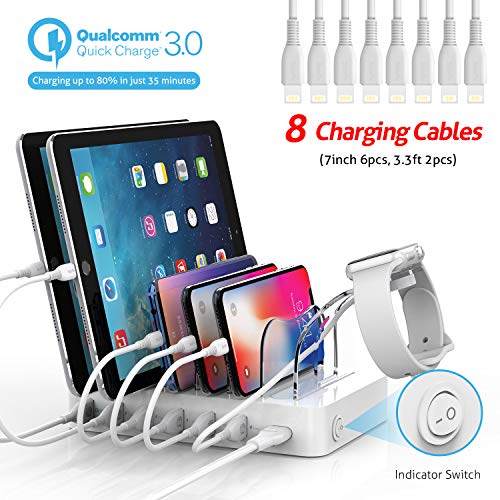 Soopii Quick Charge 60W/12A 6-Port USB Charging Station for Multiple Devices, 8 Charging Cables Included, Compatibe with iPhone iPad, I Watch Charger Holder,for Phones, Tablets, Other Electronics