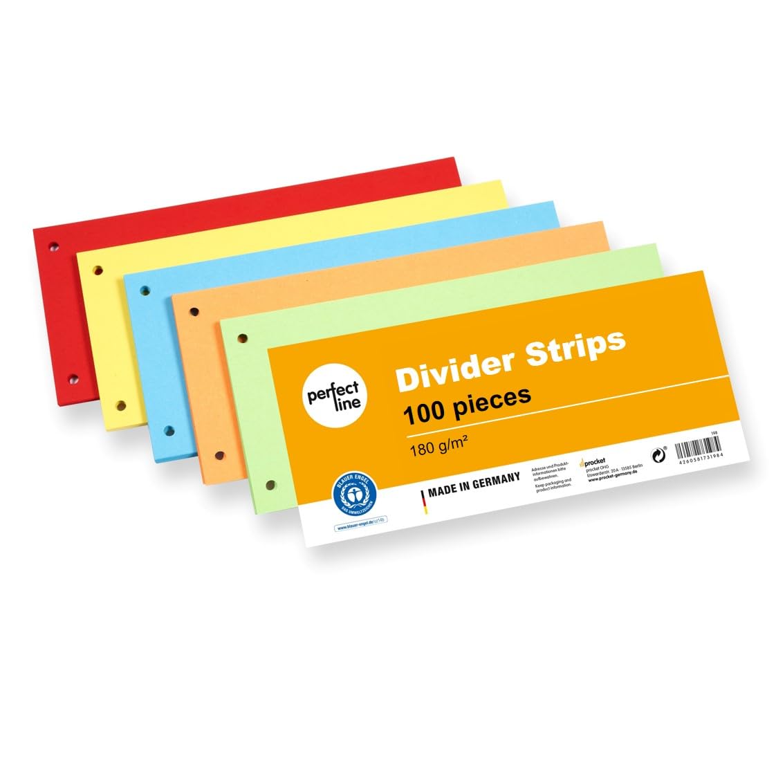 perfect line 100 Divider Strips for A4 folders, dividers for Ring Binders Made of Recycled Cardboard, Made in Germany, 5 Colours, Perforated
