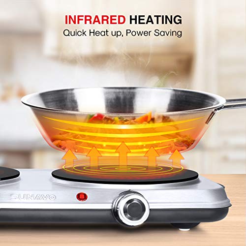 SUNAVO Electric Infrared Burner, 1800W Ceramic Glass Hot Plate, 6 Power Levels Stainless Steel Double Burner for Kitchen Camping RV and More - Thumbnail 4