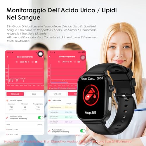 2026 Nuovo Smartwatch Uomo Donna ECG/Pressione Sanguigna/Acido Urico/Sonno/Cardiofrequenzimetro/Temperatura Corporea/BMI/Emozioni/Fatica,1,96"Orologio Salute con Telefono/Pulsante SOS,iOS Android