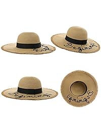Jeff & Aimy Floppy Straw Beach Sun Hat para mujer Bordado de ala ancha Summer Hat Packable