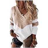 Bengbobar Womens Leopard Print Sweater V Neck Sweaters Knit Long Sleeve Jumper Sweater Color Block Ribbed Pullover for Women