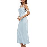 Satin Floral Off The Shoulder Midi Dresses for Women Silk Spaghetti Strap Cowl Neck Backless Bridesmaid Wedding Guest Dress