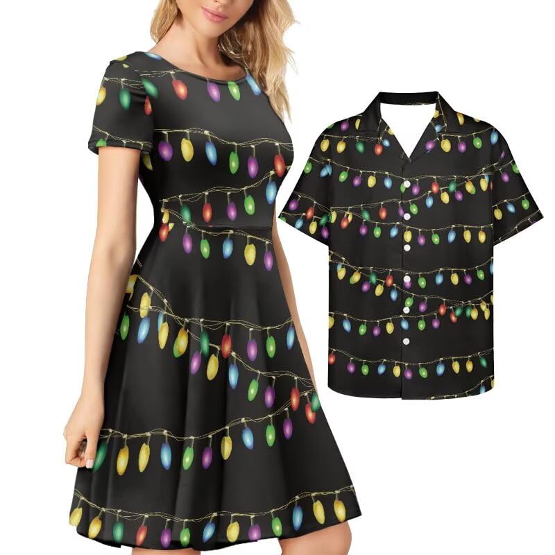 Photo 1 of AmzPrint Womens Colorful Christmas Lights Dress Matching Outfits for Couples Xmas Party Black Xmas Dresses for Women
