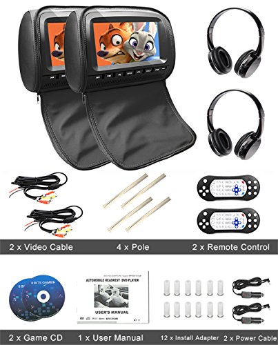 9 inch 1080P Car Headrest DVD Player Video Monitor with Leather Cover Zipper IR Wireless Headphones Games for Kids Road Trips Entertainment System (Non-Touch Screen, Black)