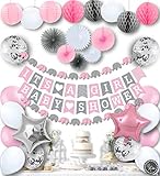 RainMeadow Premium Baby Shower Decorations for Girls Kit | It's A Girl | Garland Bunting Banner, Paper Lanterns, Honeycomb Balls | Tissue Paper Fans | Pink Grey White | Elephant Style