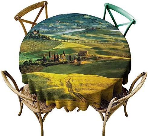 one1love Waterproof Table Cover Tuscan Decor Collection Twisting Road and Cypresses to Medieval Vineyard Farmhouse Picture Stain Resistant, Washable 40 INCH Mustard Green
