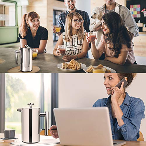French Press Coffee Maker (34 OZ), French Press Stainless Steel with 2 French Press Filters, Milk Frother and Coffee Scoop, Camping Coffee Maker French Coffee Press Stainless Steel Coffee & Tea Maker.