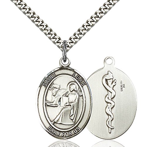 Sterling Silver St. Luke the Apostle Pendant 1 x 3/4 inches with Heavy Curb Chain