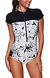 HelloTem Women's Sexy Shortsleeve Zip Front Rashguard One Piece Swimsuit Surf Suit