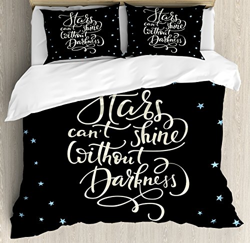 Inspirational King Size Duvet Cover Set by Ambesonne, Motivation Life Message Happiness Calligraphy Quote Night Sky, Decorative 3 Piece Bedding Set with 2 Pillow Shams, Dark Blue Light Blue White