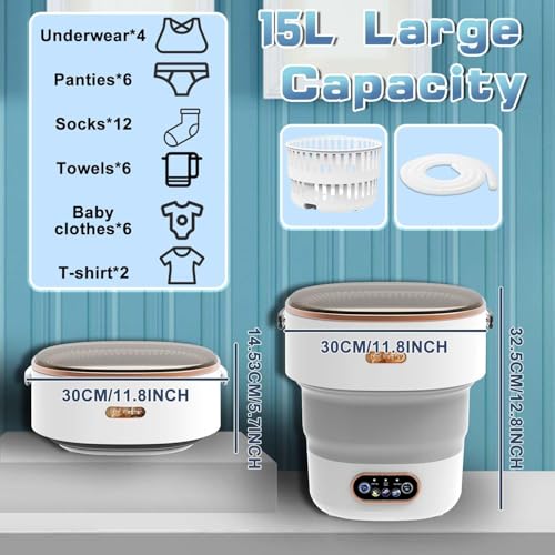 Azonee Mini Washing Machine, Portable Small Washing and Dryer Machine, Collapsible Washer with Spin for Travel, Apartment, Baby Clothes, Socks 15L
