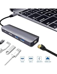 Hub USB C para MacBook Pro 4K HDMI Adaptador multipuerto digital HDMI, 2USB 3.0 Hub, tipo C 3.1 PD Cargador, Gigabit Ethernet Portátil portátil para MacBook Air 2018 (Thunderbolt 3), iPad Pro12.9 2018 Dongle