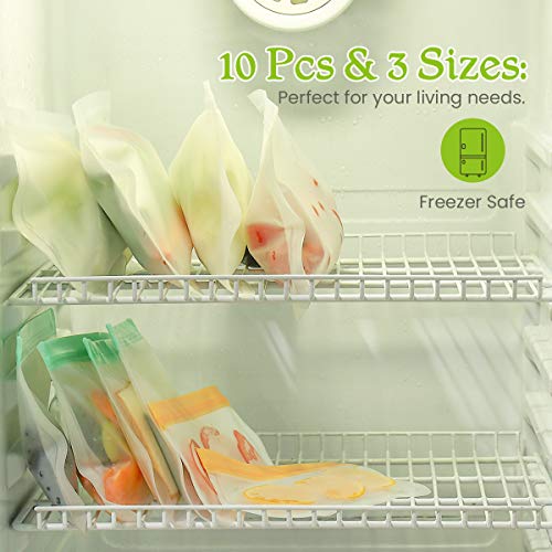 Reusable Food Storage Bags, Godmorn 10 Pack (4 Large Food Bags+4 Sandwich Bags+2 Snacks Bags) Leakproof BPA-Free Reusable Lunch Bags Ziplock Bags, Extra Thick FDA Food Grade Organizer,Freezer Safe