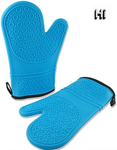 Silicon Oven Mitts with Deluxe Cotton Lining (Blue, Large, Set of 2)- by Cleanbear