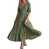 Women's Flowy Dress Deep V Neck Short Sleeves Button Drawstring Solid Color Tiered Split Maxi Dress