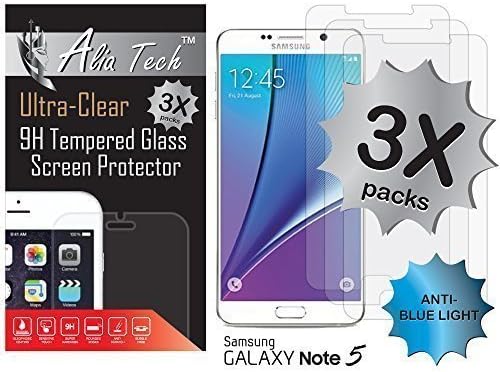 Note 5 Screen Protector, 3 Pack Alia Tech™ Anti Blue Light {Eyes Protection} Tempered Glass Screen Protector for Samsung Galaxy Note 5, 0.25 Thin, 2.5D, Best 9H Glass Note 5 Screen Protector.